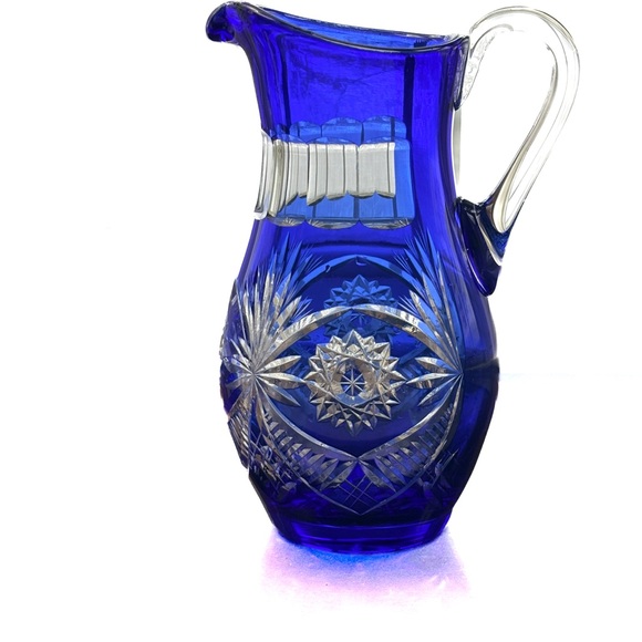 Vintage Other - Bohemian Cobalt Blue Cut Crystal Pitcher | Hand Cut Czech Lead Crystal Barware